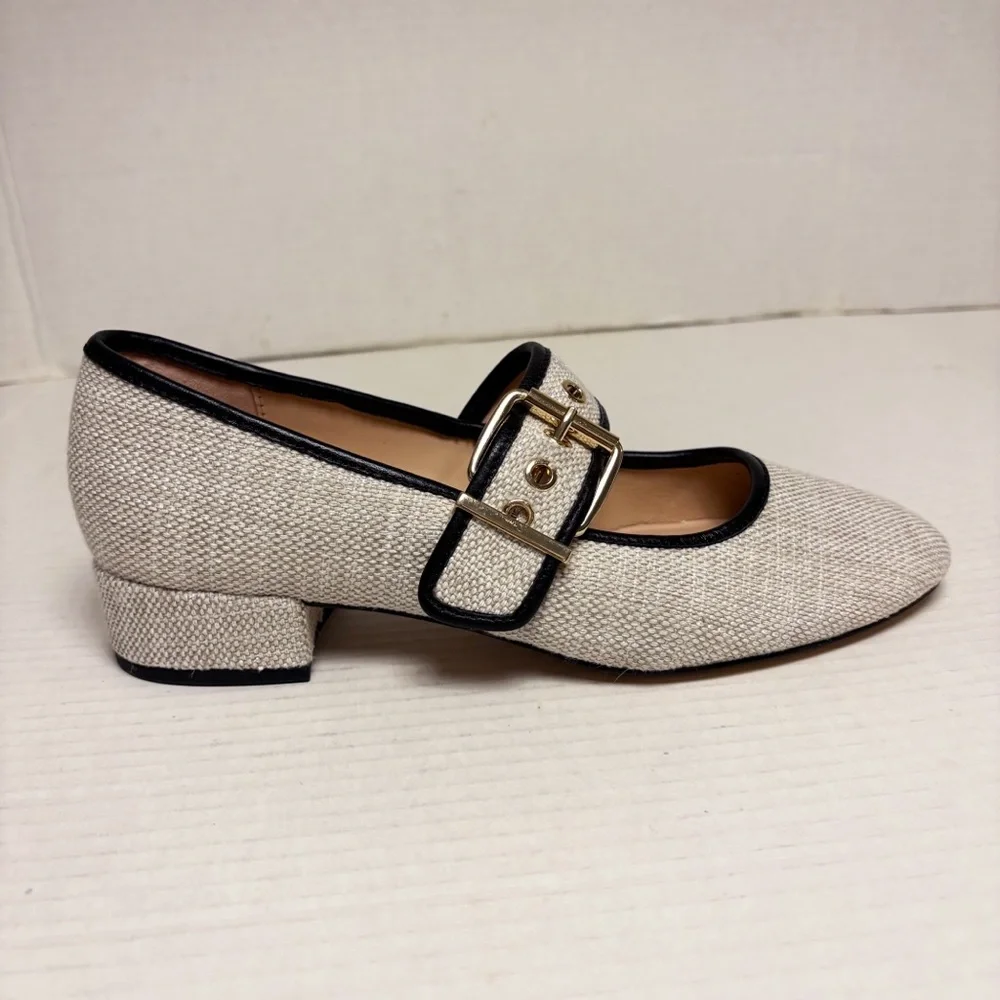 NWOB J. Crew Teagan Mary Jane Heels in Spanish Canvas Cream & Black - Picture 7 of 10